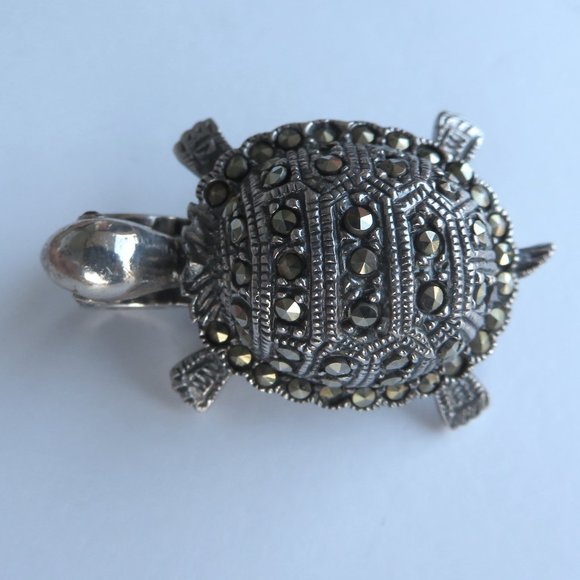 Sterling Silver Marcasites Turtle Brooch Pendant - Picture 4 of 16